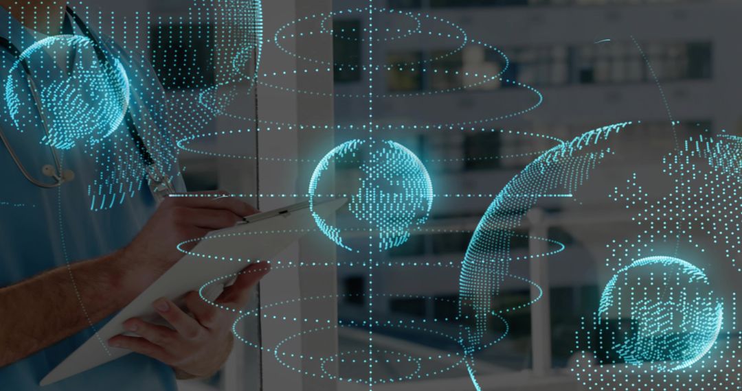 Clinician Writing on Tablet with Augmented Reality Holographic Health Data Visualization