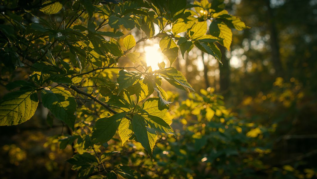 Sunlight Filtering Through Green Leaves Backlit Forest Canopy at Golden Hour