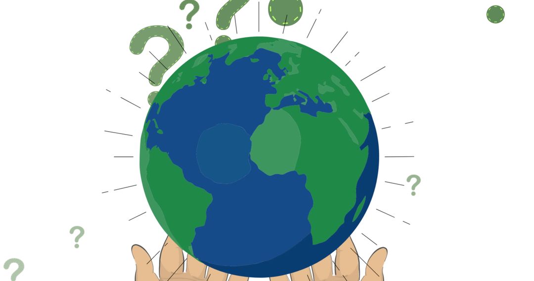 Hands Supporting Globe with Question Marks and Digital Elements