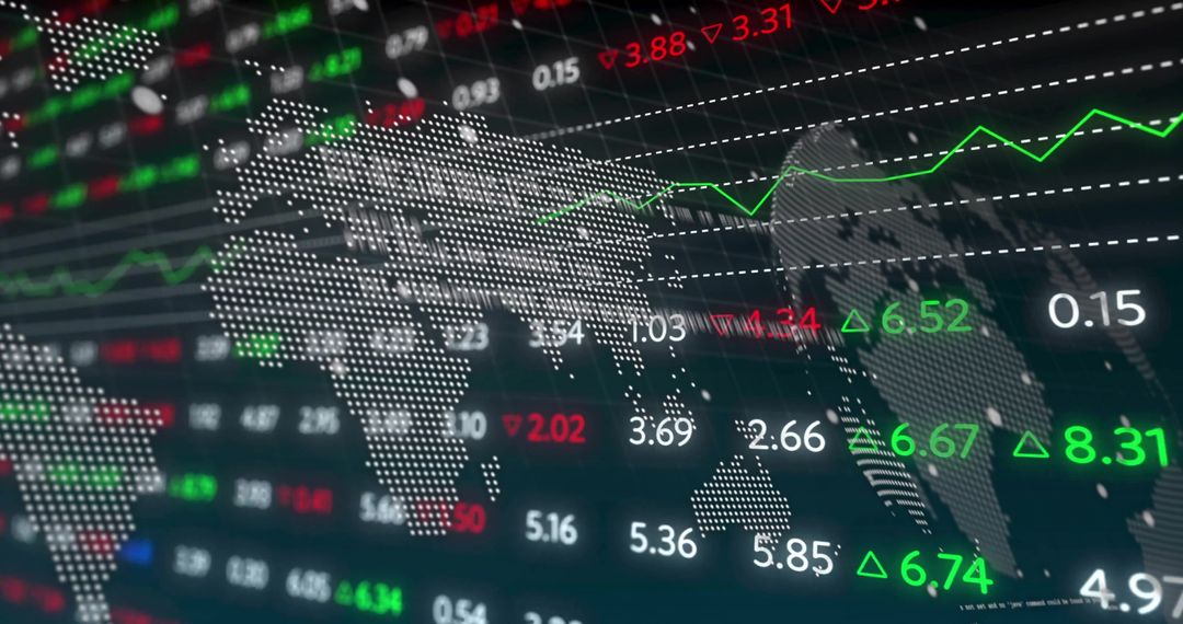 Dotted World Map with Dynamic Stock Market Data Overlay