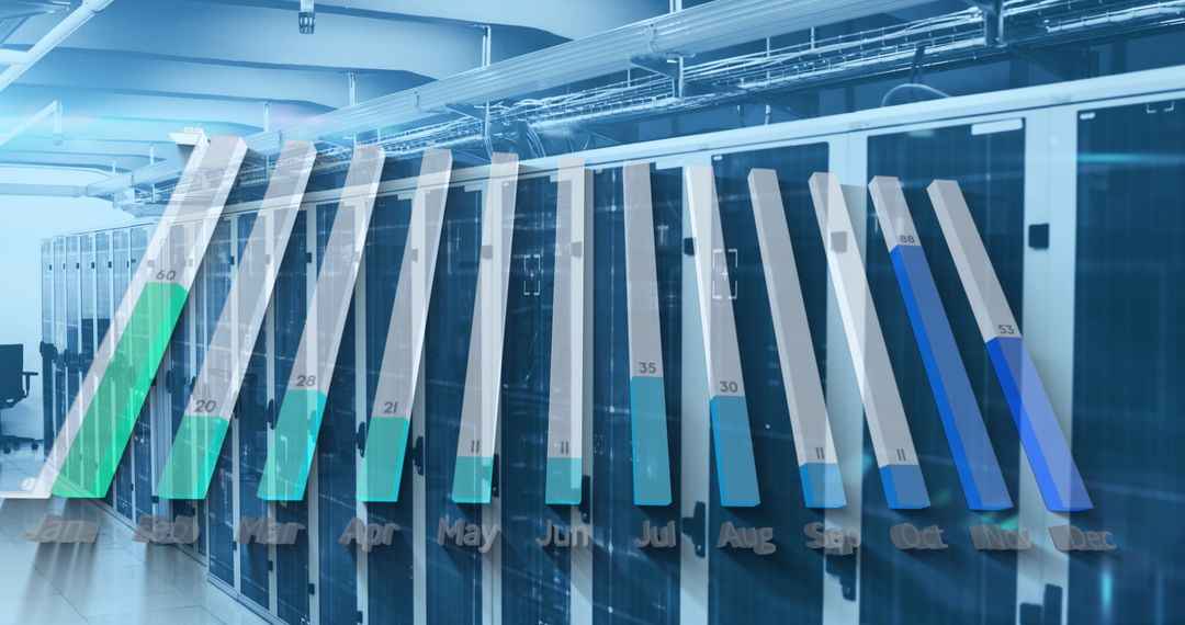 Quarterly Data Trends Overlaid on Modern Server Room