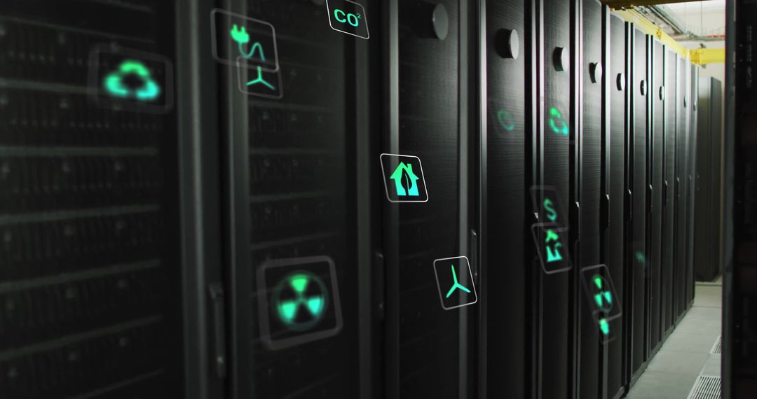 Sustainable Technology Concept Digital Icons Over Server Hardware