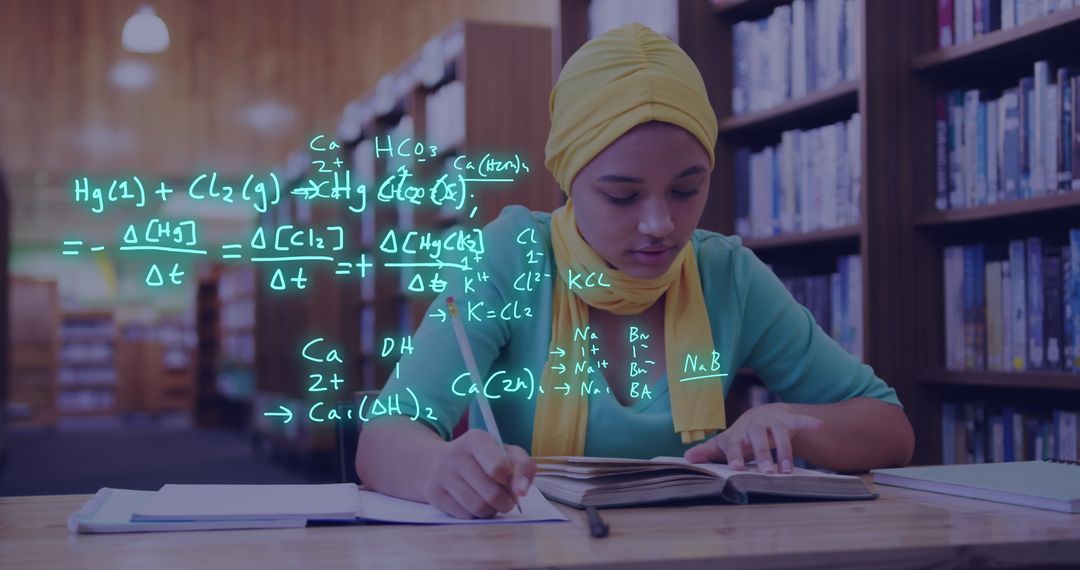 Biracial Female Student Analyzing Mathematical Equations in Modern Library