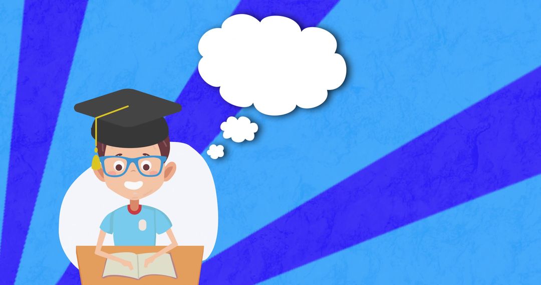 Clever Cartoon Student Reading Book with Graduation Cap Symbolizing Success