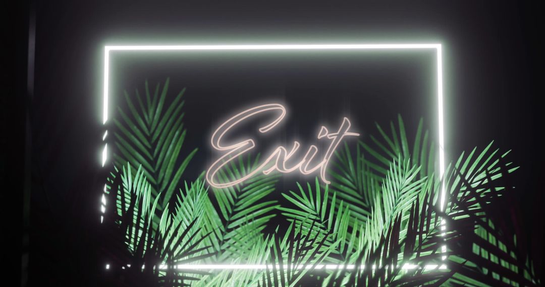 Neon Exit Sign with Palm Leaves on Black Background