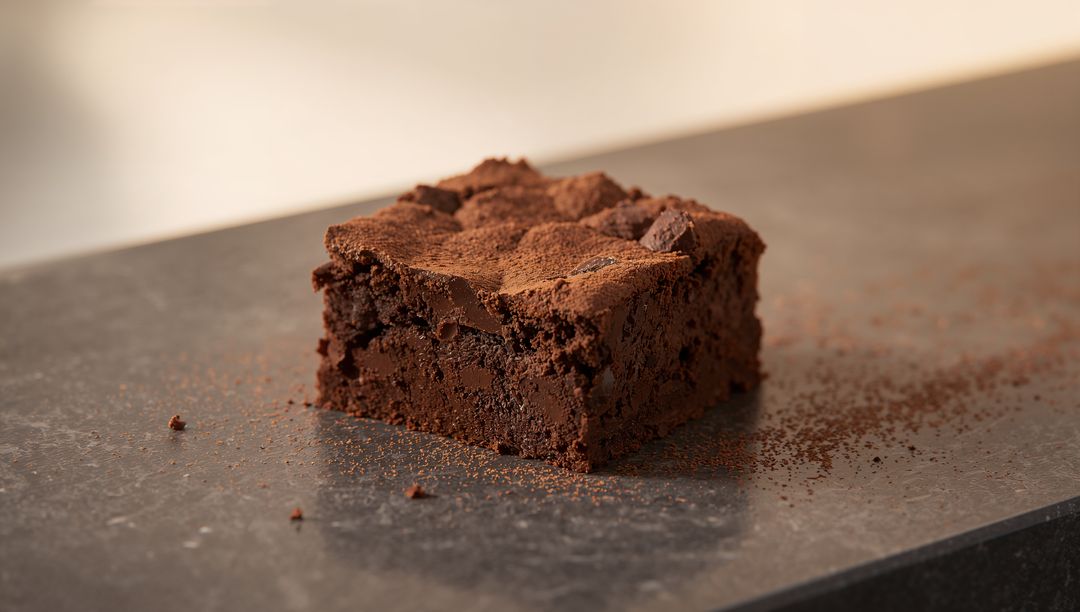 Decadent Fudgy Chocolate Brownie Square with Cocoa Dusting on Dark Slate