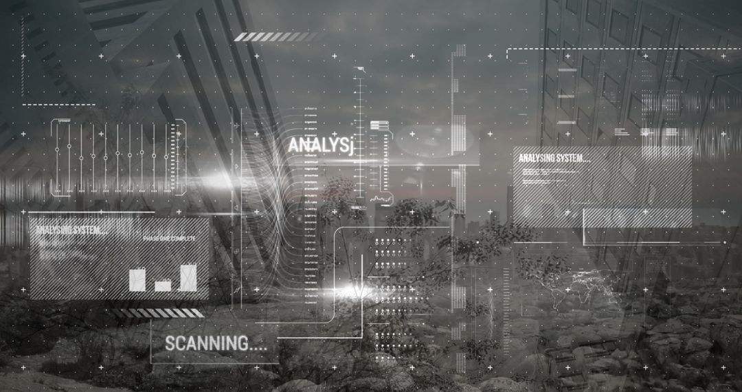 Data Analysis Interface Overlaying Urban Skyline