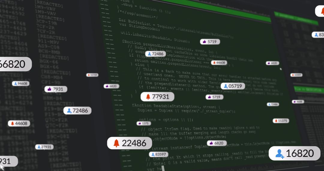 Dark Mode Code Editor Interface with Notification Icons and Source Code
