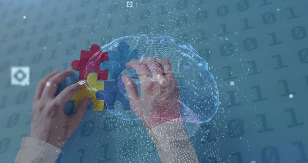Hands Solving Puzzle Over Digital Brain with Data