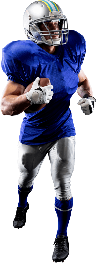 Caucasian Male Football Player Running with Helmet in Dynamic Pose Transparent