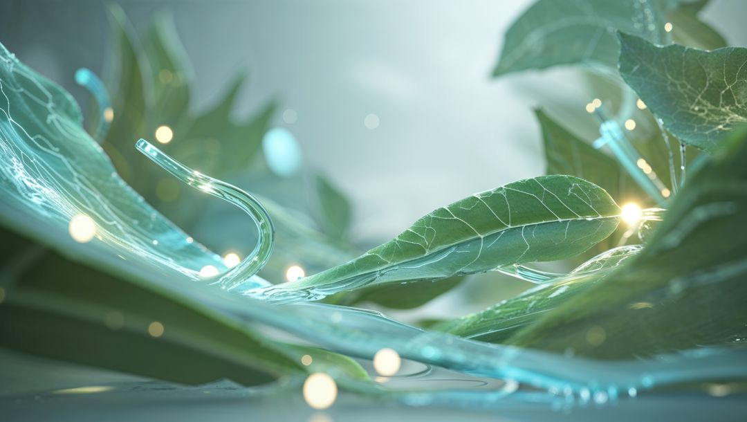 Floating Green Leaves with Glowing Orbs in Dreamy Surreal Setting