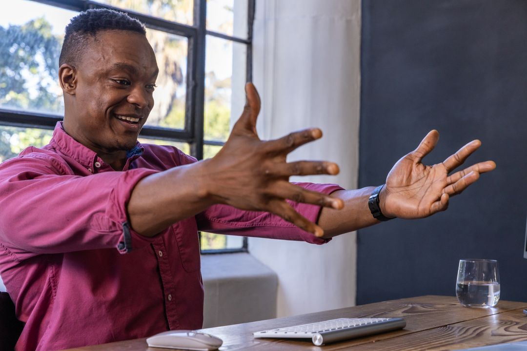 Enthusiastic Professional Gesturing in Office Setting