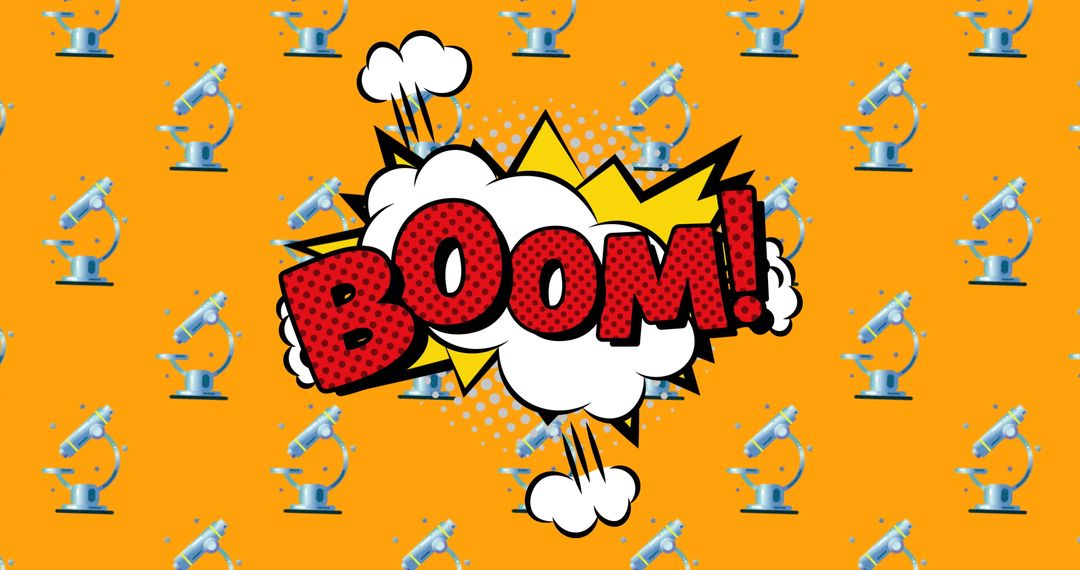 Playful Science Graphic with Boom Comic Text and Microscope Icons