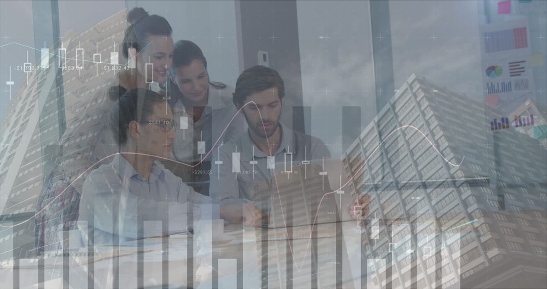 Diverse Business Team with Financial Graphs and Data Double Exposure