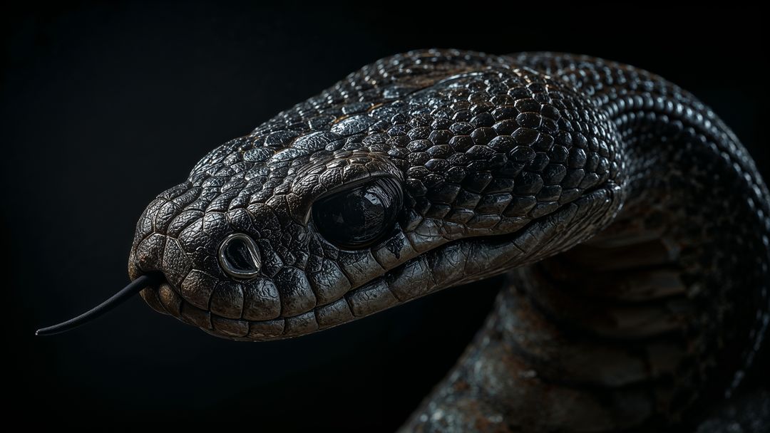 Detailed Rattlesnake Head in Low-Key Lighting with Forked Tongue