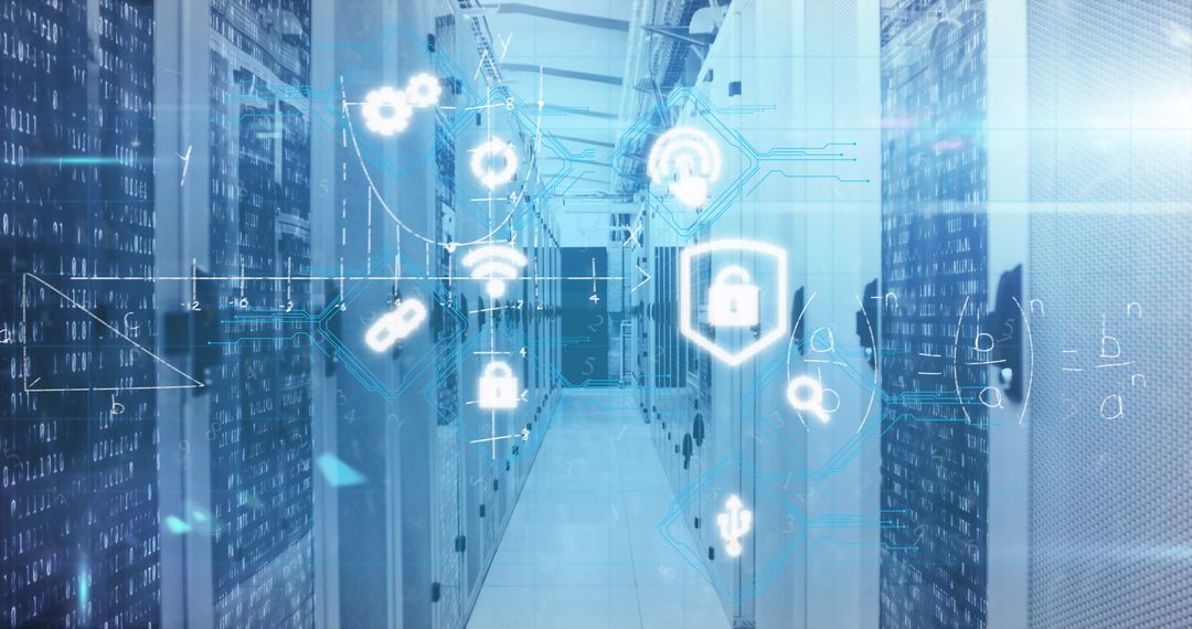 Data Center Cybersecurity with Digital Locks and Network Icons