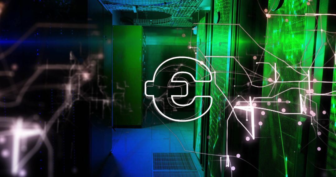 Digital Euro Symbol Overlay on High-Tech Server Room