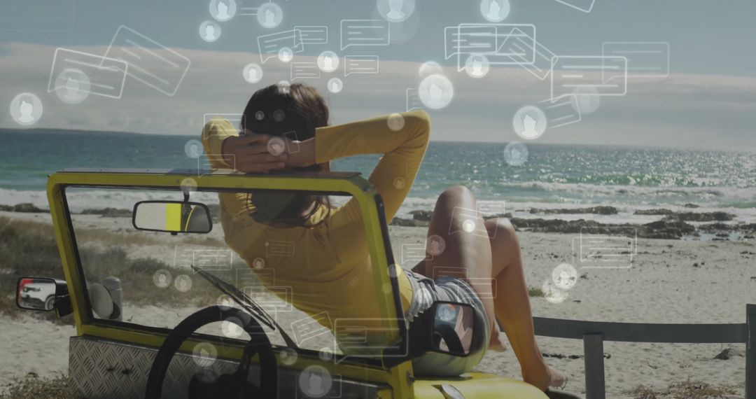 Woman Relaxing in Dune Buggy by the Beach with Digital Overlay
