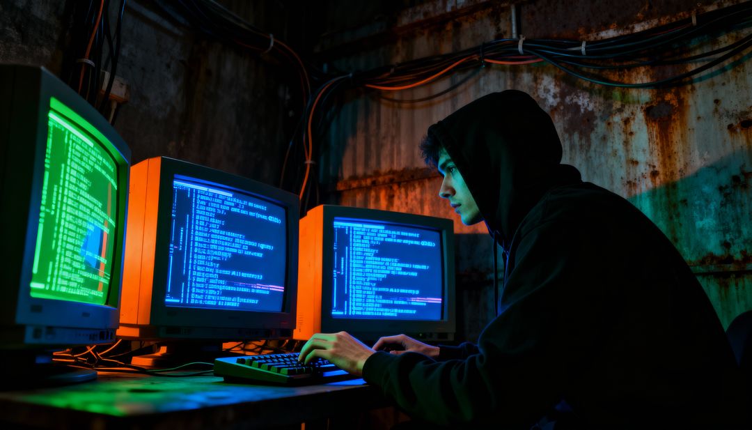 Hacker in Hoodie Coding on Retro CRT Monitors in Industrial Rust Lab with Neon Glow