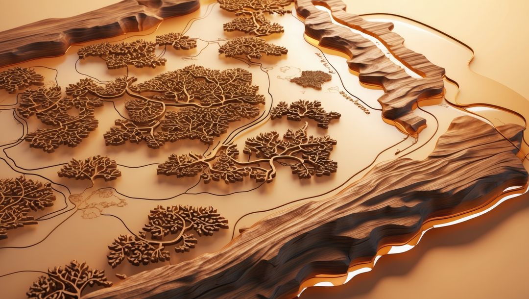Intricate sandalwood topographic relief map with carved tree motifs