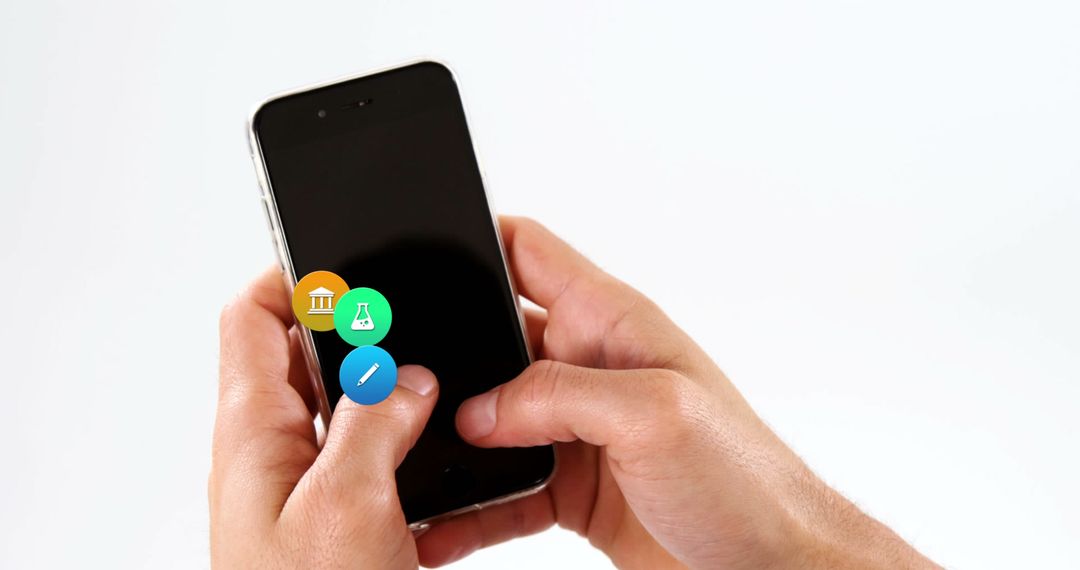 Hands Interacting with Smartphone and Colorful Digital Icons Overlay