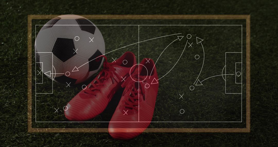 Soccer Strategy Concept with Red Boots and Ball on Field