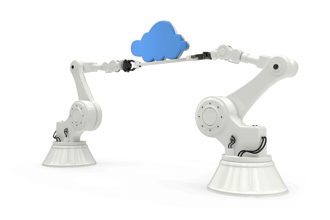 Robotic Arms Holding Cloud: Transparent Networking Illustration
