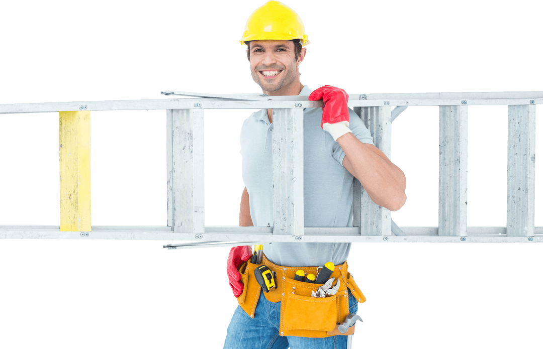 Confident Worker Holding Transparent Step Ladder Wearing Safety Gear