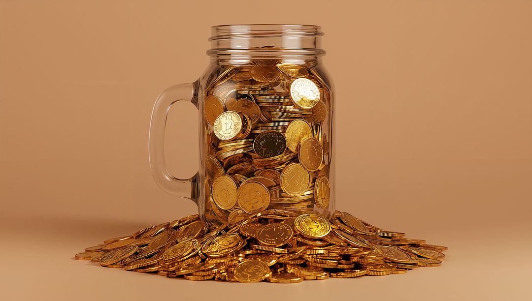 Glass mason jar overflowing with gold coins on beige background for savings and wealth