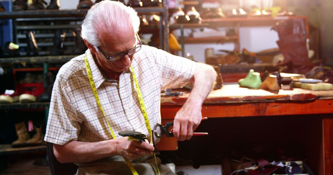 Senior Shoemaker Repairing Footwear in Workshop - Free Images, Stock Photos and Pictures on Pikwizard.com