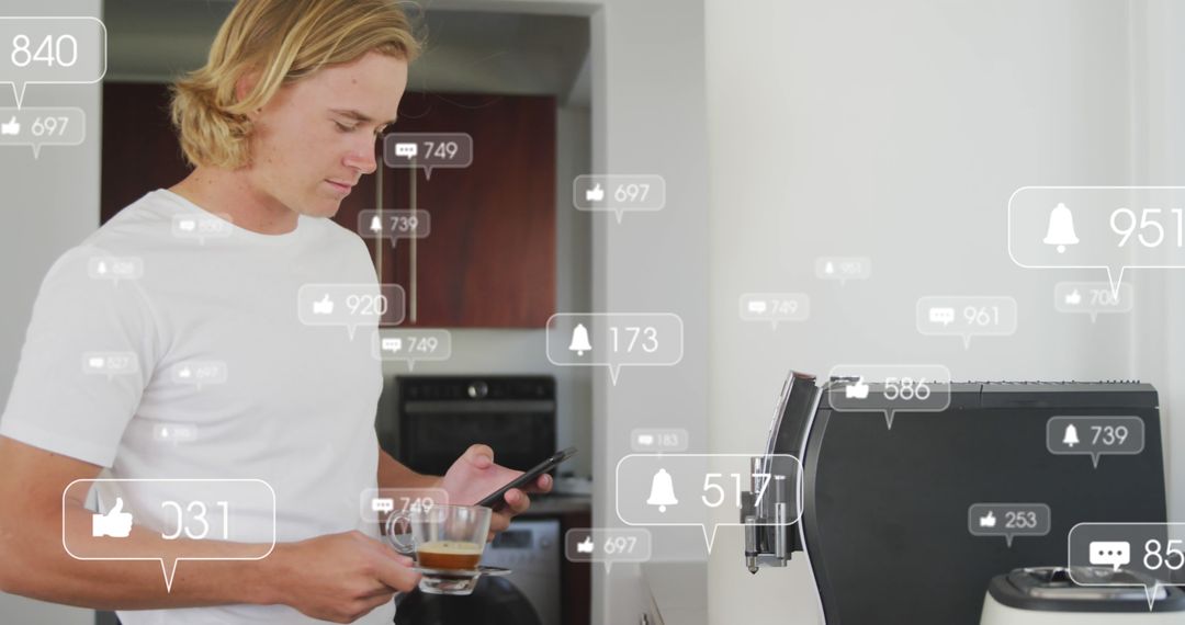 Man Using Smartphone While Making Coffee with Notifications Floating Around Him - Free Images, Stock Photos and Pictures on Pikwizard.com