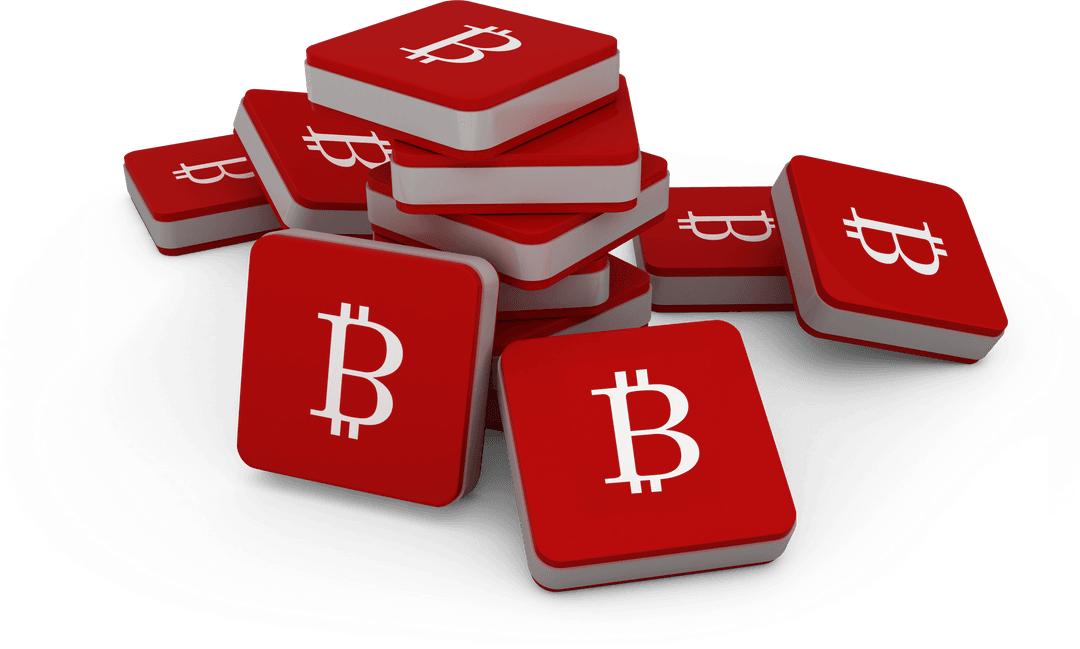 Transparent Bitcoin Symbols on Red Square Stack