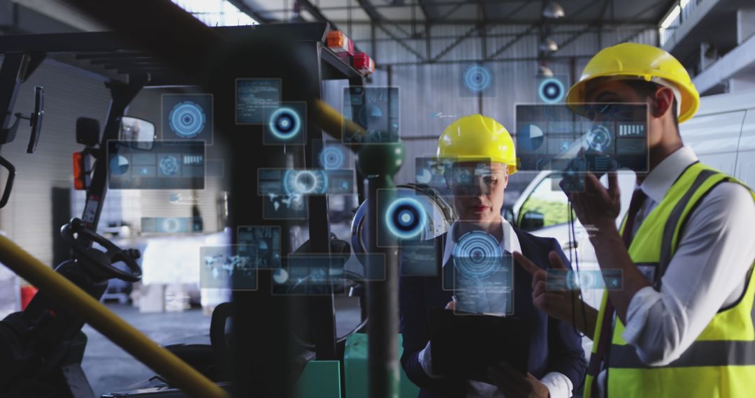 Engineers Analyzing Digital Data in Futuristic Warehouse