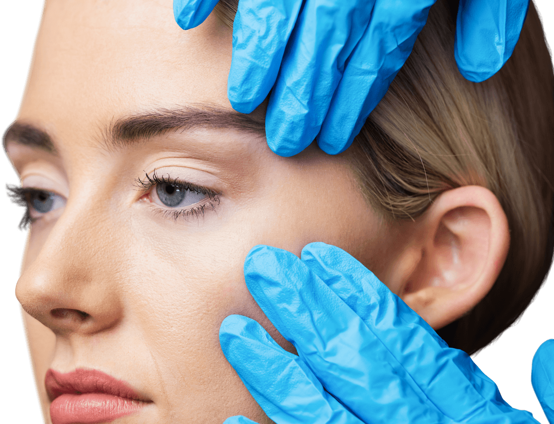 Transparent Gloved Hands Examining Woman's Skin Pre-Botox Injection