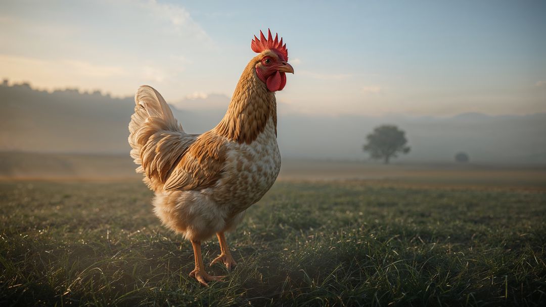 Proud Rooster at Dawn with Dew Touched Grass