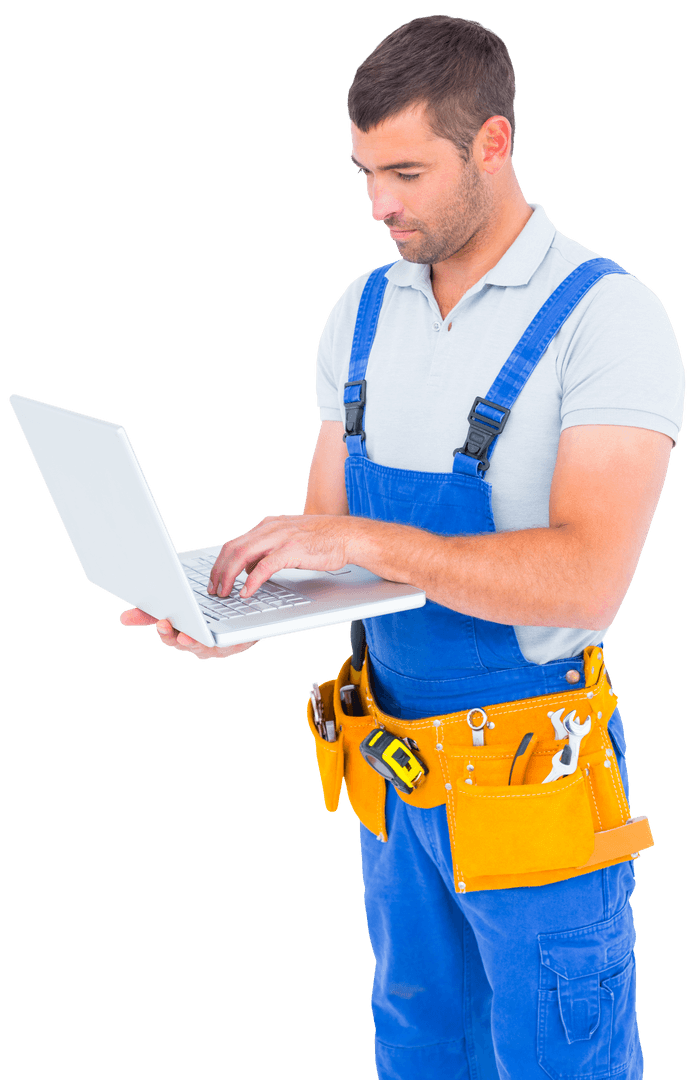 Handyman Wearing Tool Belt Using Laptop on Transparent Background
