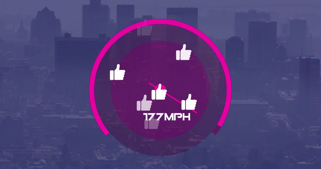Digital Speedometer with Likes Icons over Cityscape
