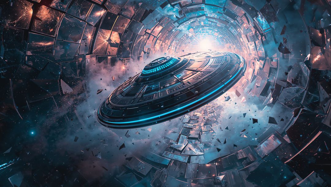 Futuristic Spacecraft Navigating Cosmic Wormhole amid Galactic Debris