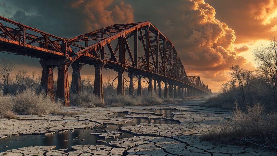 Rusted railway bridge over arid dry riverbed at sunset in apocalypse aftermath