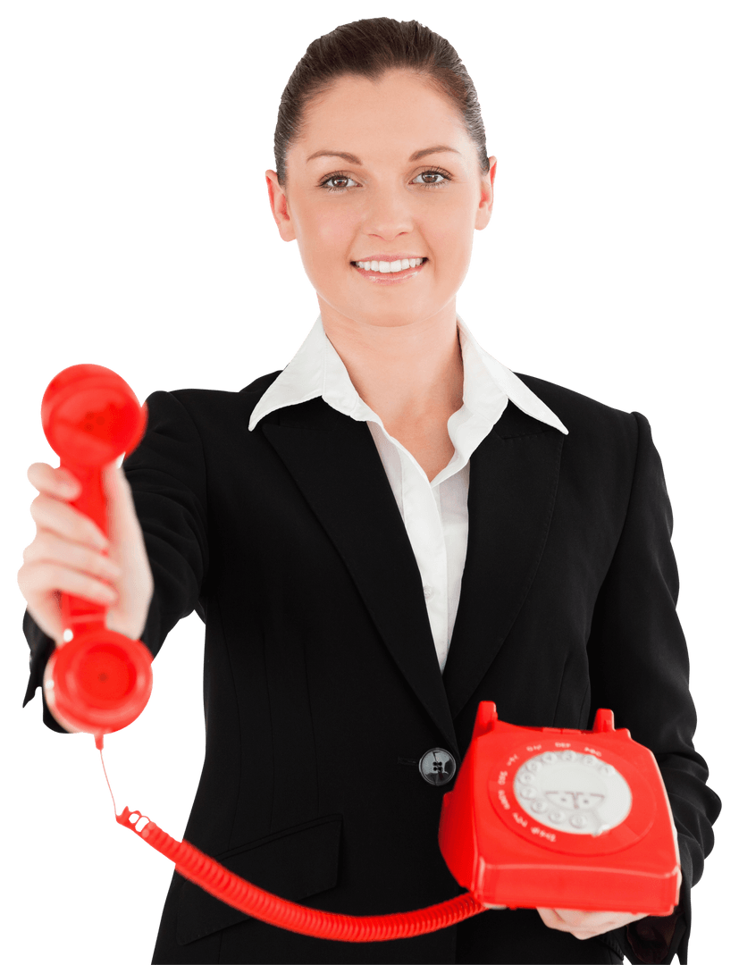 Smiling Professional Woman Holding Transparent Red Telephone