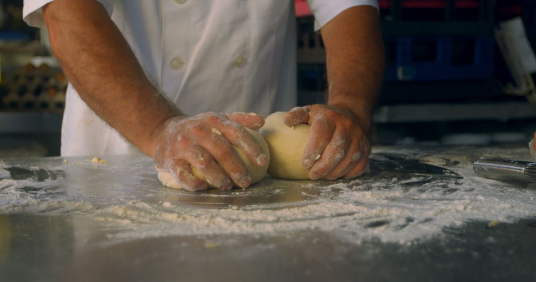 Chef Kneading Dough on Flour-Covered Counter in Professional Kitchen - Free Images, Stock Photos and Pictures on Pikwizard.com