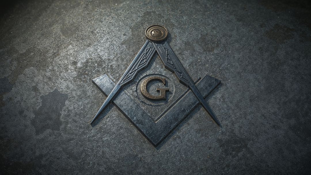 Freemasonry masonic emblem with square and compass on stone surface