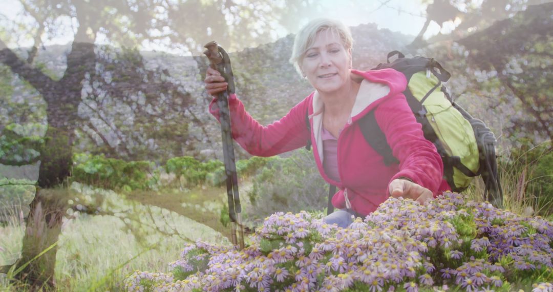 Senior Woman Hiking While Enjoying Flora and Nature