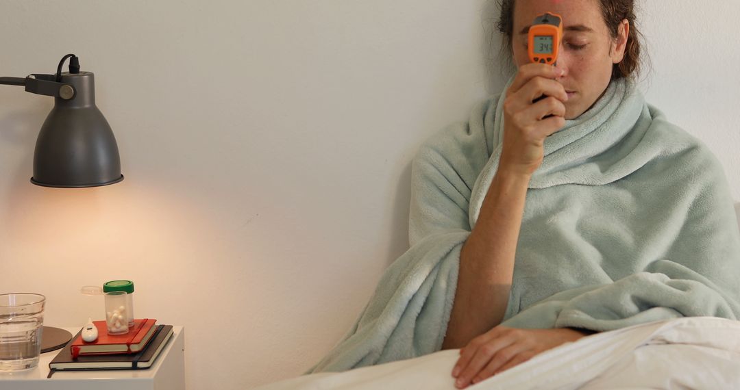 Sick Person Checking Temperature Under Blanket in Bedroom from Pikwizard