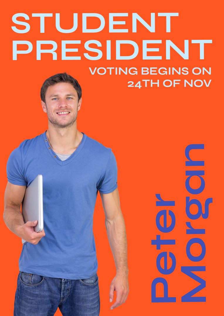 Confident Man with Laptop Promoting Student President Election Campaign - Download Free Stock Templates Pikwizard.com