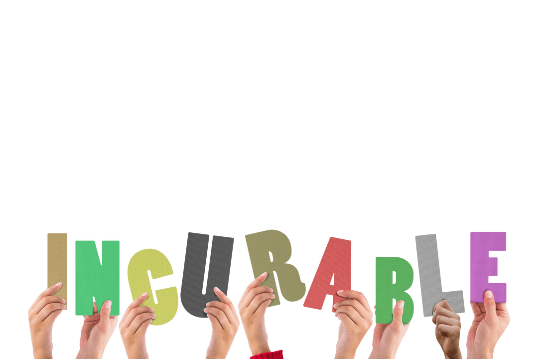 Hands Holding Incurable Letters on Transparent Background