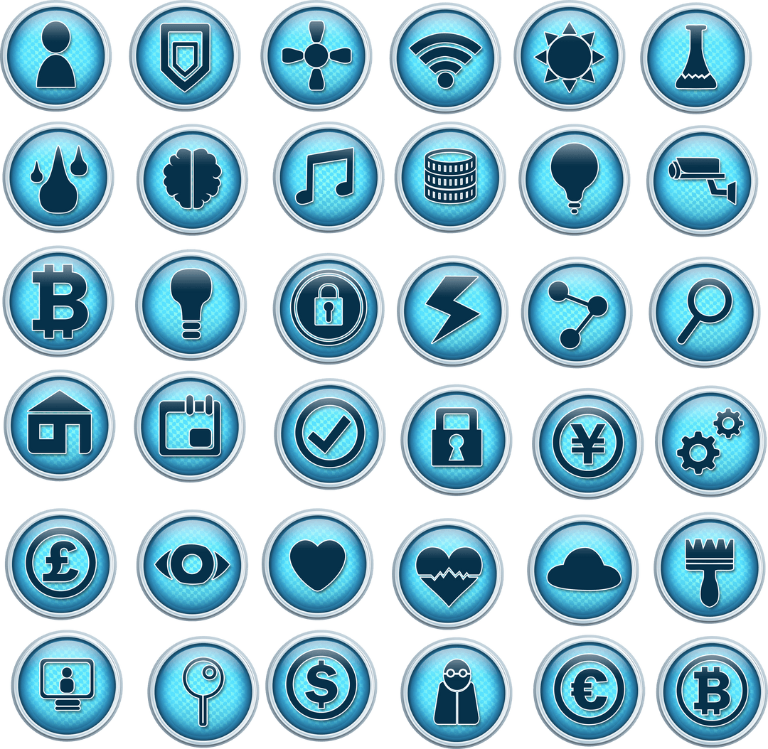 Set of Digital Transparent Icons in Metallic Blue Circle Design