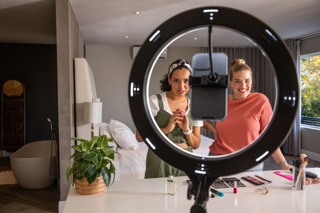 Diverse Friends Filming Makeup Tutorial Under Ring Light