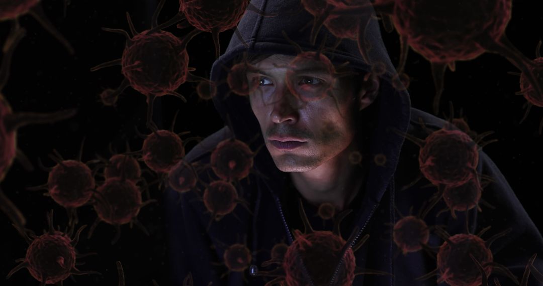 Hooded Individual Surrounded by Virus Representation in Dark Atmosphere