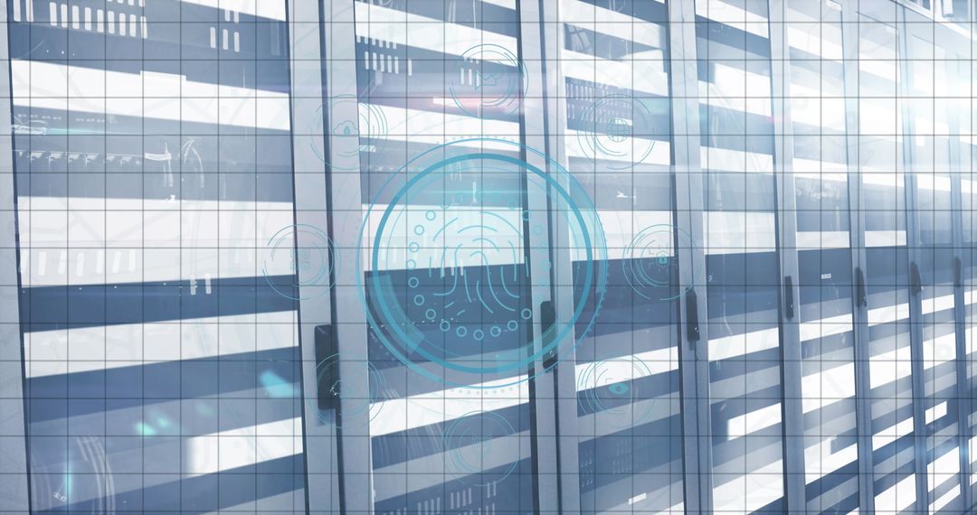 Digital Interface Icons Overlaid on Server Room Data Centre